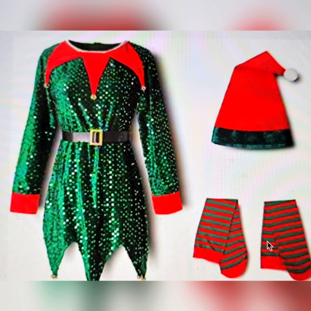 NWT GIRLS CHRISTMAS ELF COSTUME SEQUINS TINKER BELLS 7 TO 12 YEARS BELT HAT SOCK